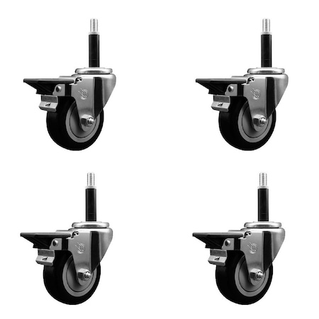 Service Caster 3.5'' Black Poly Swivel 3/4'' Expanding Stem Caster Set with Brake, 4PK SCC-EX20S3514-PPUB-BLK-PLB-34-4